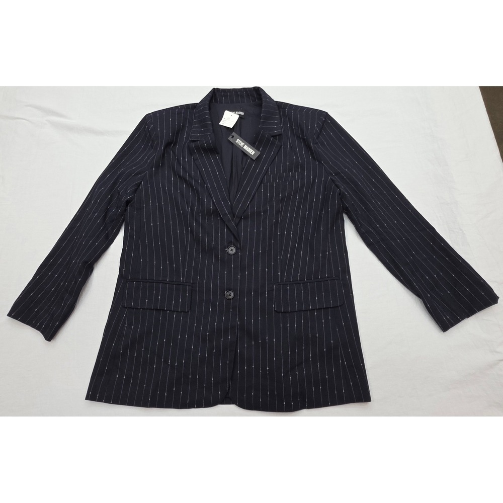 Steve Madden Womens Blazer Size Large Navy Blue Pinstripe BN302144 Career Office